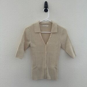 Oak + Fort Cream Ribbed Button Front Cardigan Top Collared 3/4 Sleeve Small
